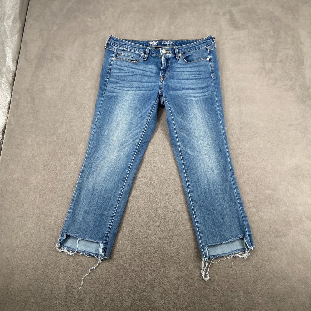 Mossimo Straight Jeans Womens 10R Blue Denim Stretch Raw Hem Mid Rise Whiskering